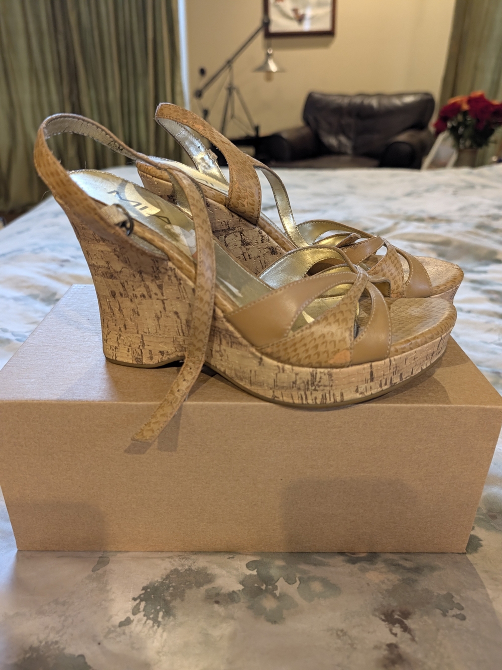 MIA Tan Cork Wedge Platform Slingback Sandals